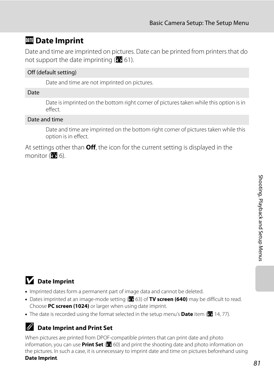 Date imprint, F date imprint, A 81) | A 81 | Nikon collpix L16 User Manual | Page 93 / 124