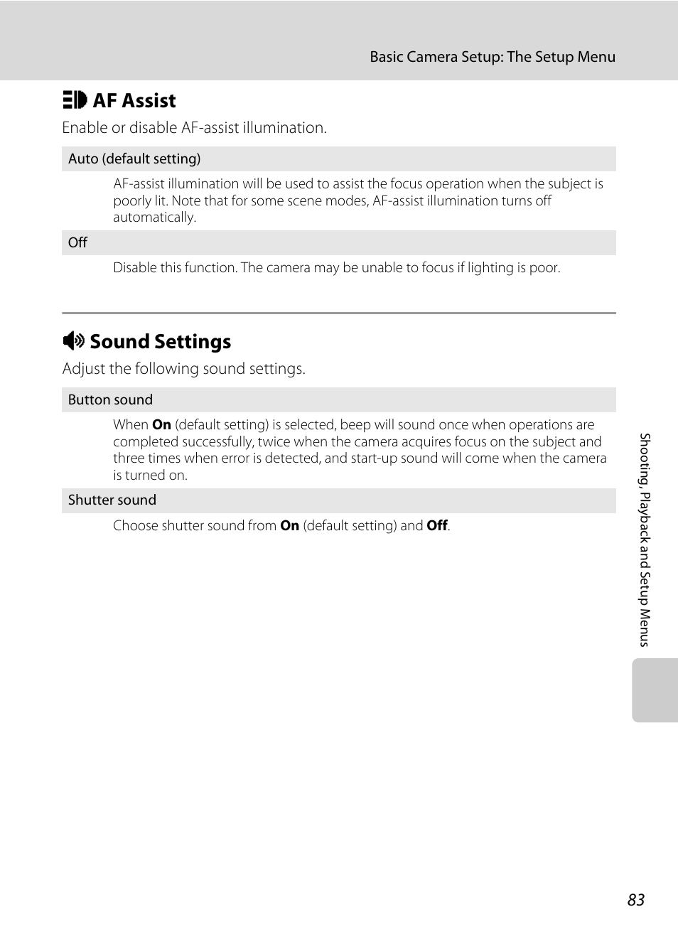 Af assist, Sound settings, H af assist i sound settings | A 83), A 83, H af assist, I sound settings | Nikon collpix L16 User Manual | Page 95 / 124