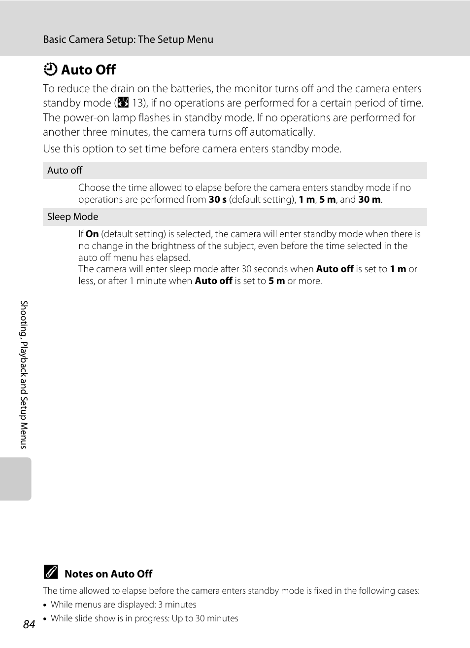 Auto off, K auto off, A 84) | A 84 | Nikon collpix L16 User Manual | Page 96 / 124