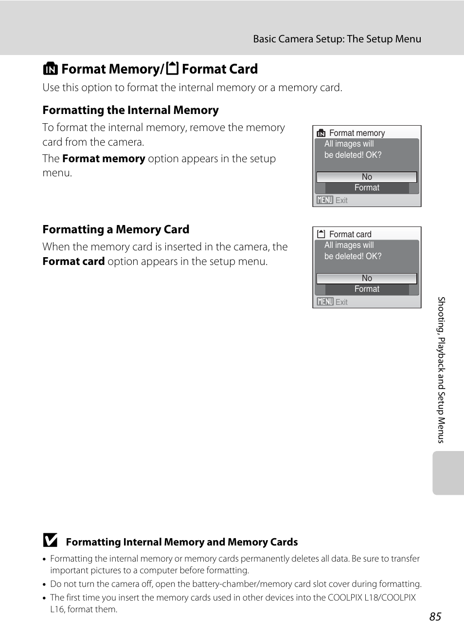 Format memory/format card, L format memory/m format card, A 85 | Nikon collpix L16 User Manual | Page 97 / 124