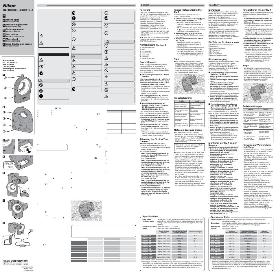 Nikon SL-1 User Manual | 2 pages