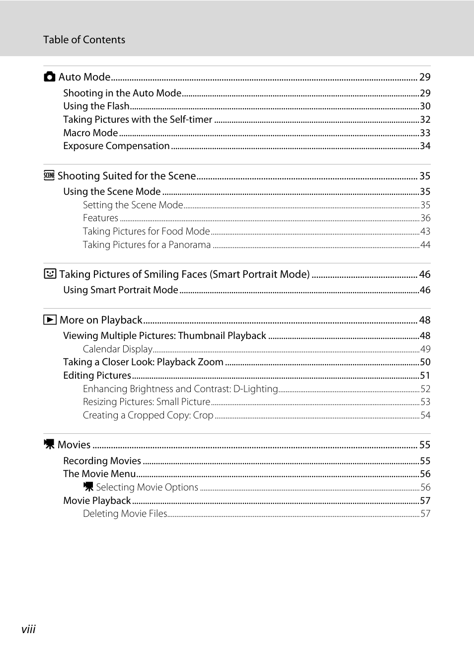 Viii | Nikon COLLPIX L22 User Manual | Page 10 / 148