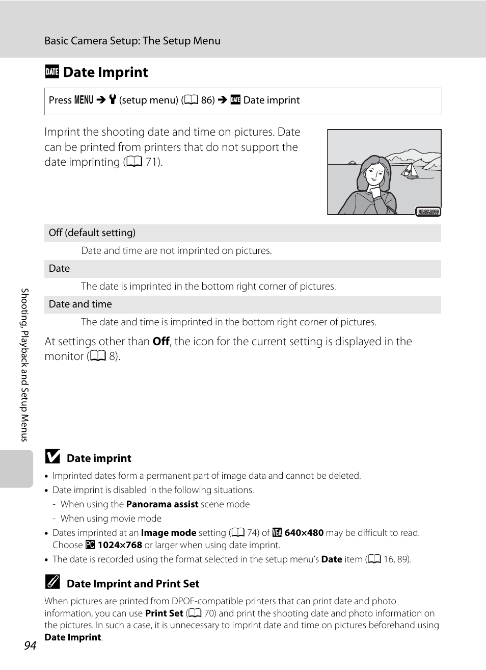 Date imprint, F date imprint, A 94) in | A 94) i, A 94, Fdate imprint | Nikon COLLPIX L22 User Manual | Page 106 / 148