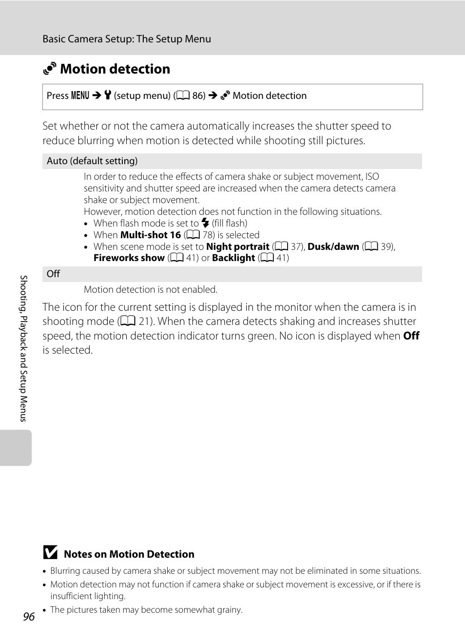 Motion detection, U motion detection, A 96) in | A 96, Umotion detection | Nikon COLLPIX L22 User Manual | Page 108 / 148