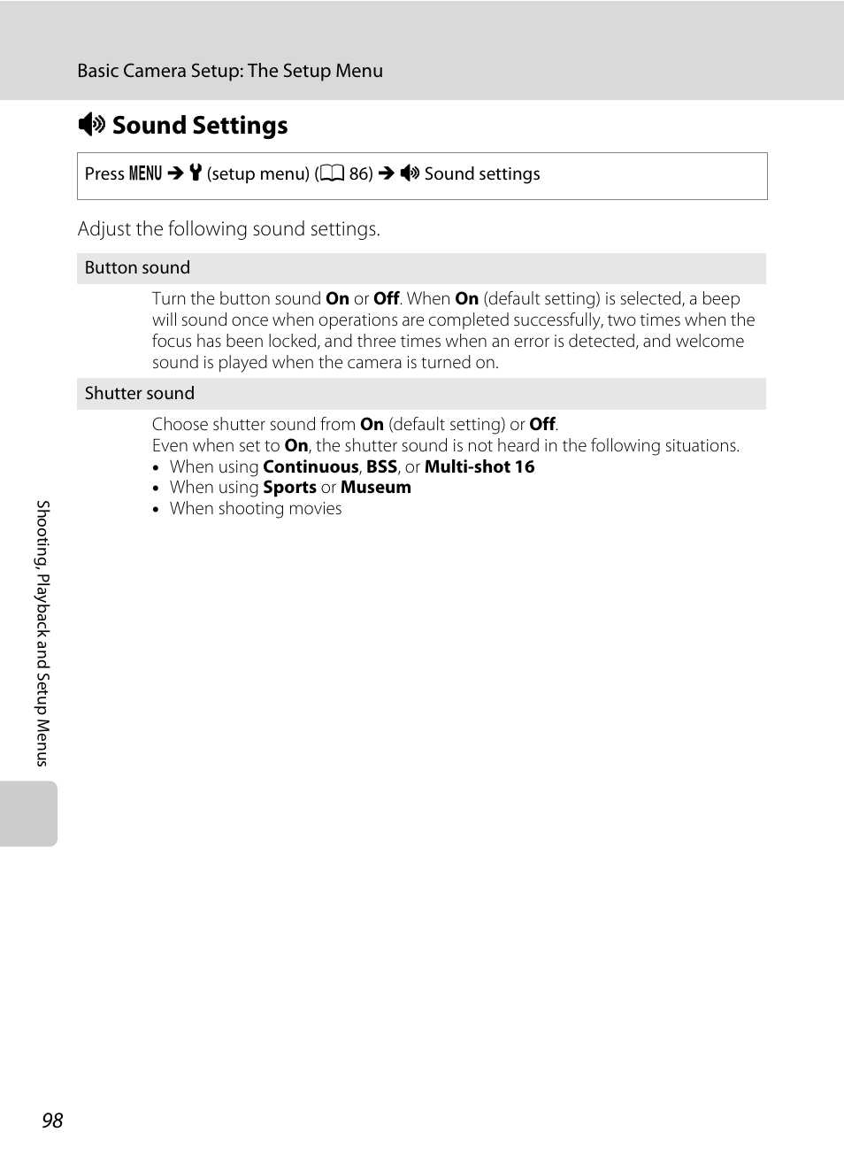Sound settings, I sound settings, A 98 | Isound settings | Nikon COLLPIX L22 User Manual | Page 110 / 148