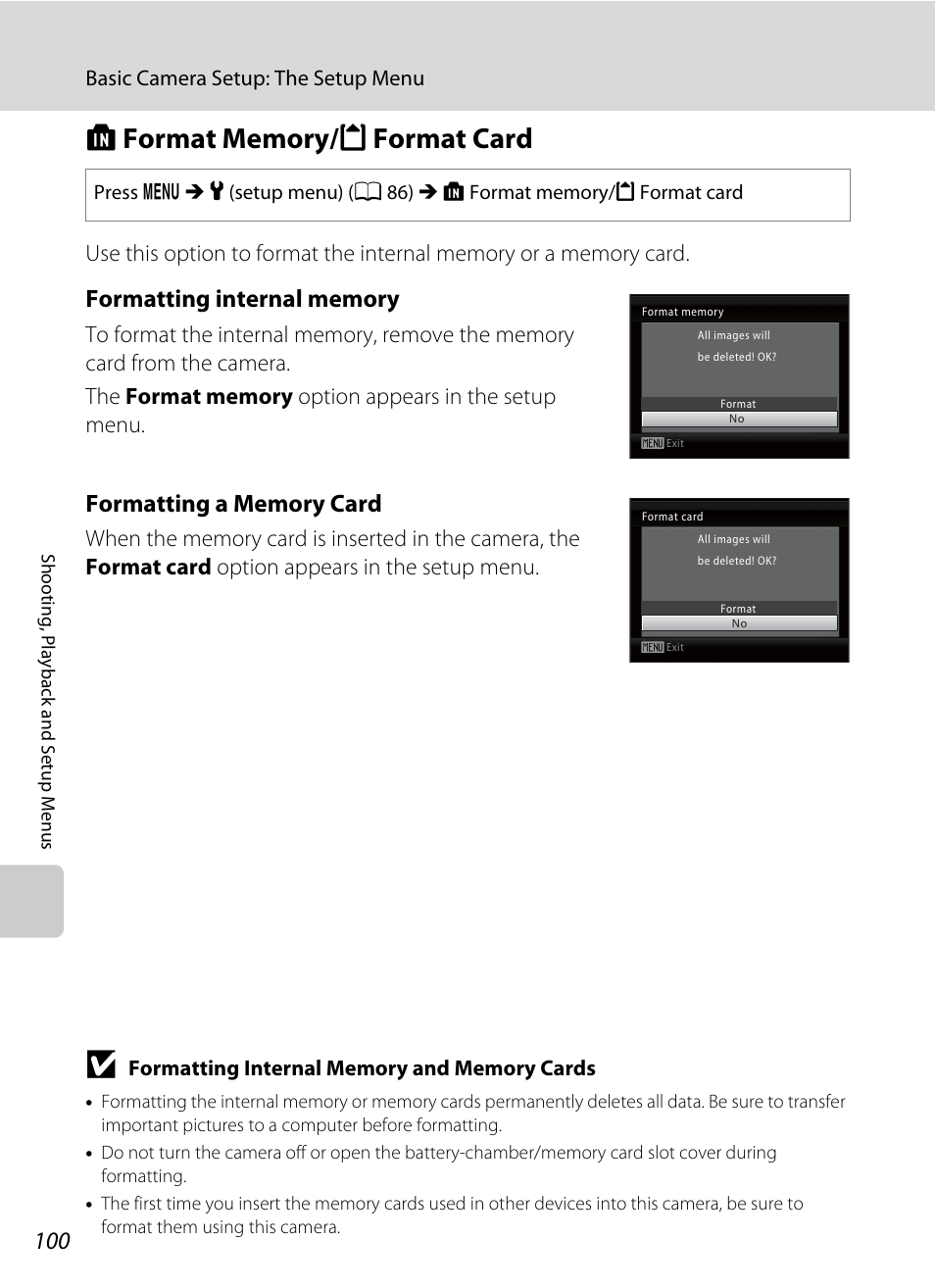 Format memory/format card, L format memory/m format card, A 100 | Nikon COLLPIX L22 User Manual | Page 112 / 148