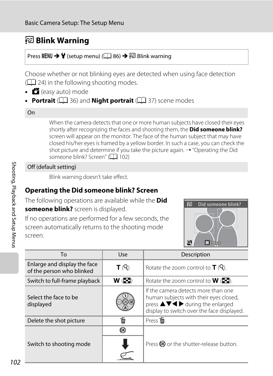 Blink warning, D blink warning, A 102) i | A 102, Dblink warning, Operating the did someone blink? screen | Nikon COLLPIX L22 User Manual | Page 114 / 148