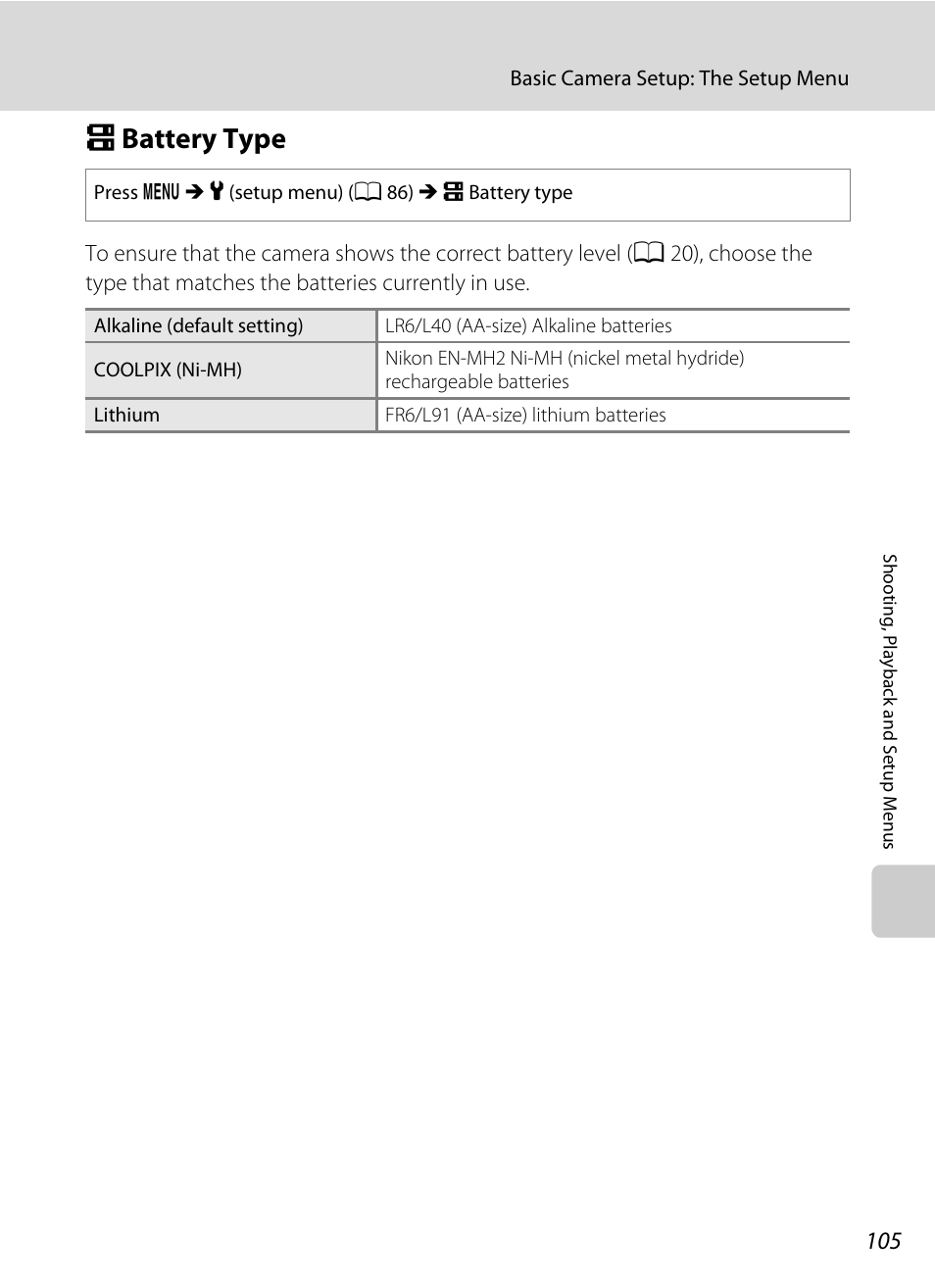 Battery type, S battery type, A 105) in | A 105), A 105, Sbattery type | Nikon COLLPIX L22 User Manual | Page 117 / 148