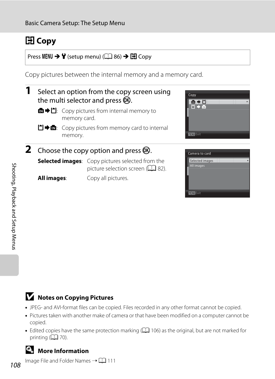 Copy, H copy, A 108) | A 108, Hcopy, Choose the copy option and press k | Nikon COLLPIX L22 User Manual | Page 120 / 148