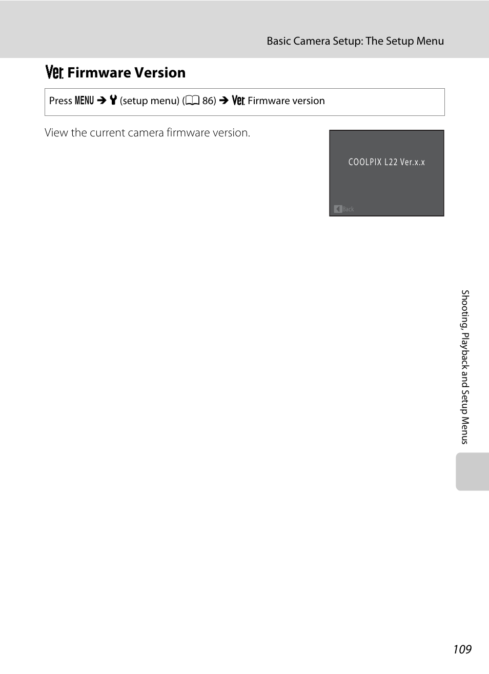 Firmware version, R firmware version, A 109 | Rfirmware version | Nikon COLLPIX L22 User Manual | Page 121 / 148