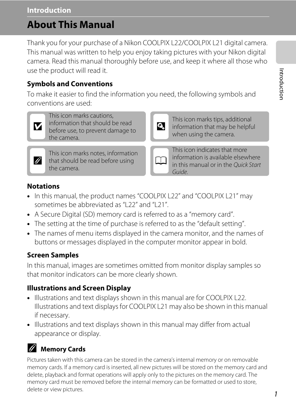 Introduction, About this manual, Ab c | Nikon COLLPIX L22 User Manual | Page 13 / 148