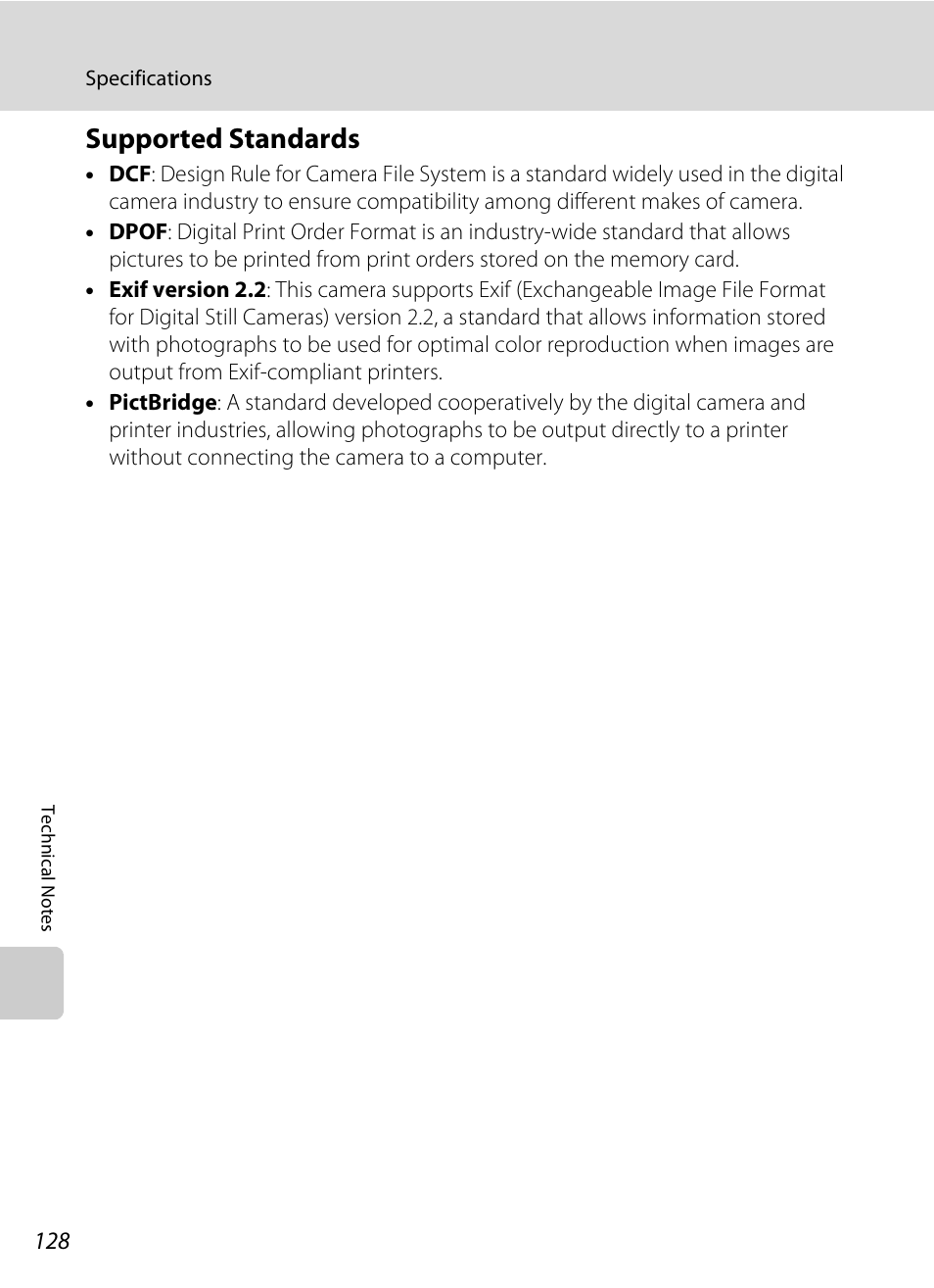 Supported standards, Tible, A 128) printers | A 128) | Nikon COLLPIX L22 User Manual | Page 140 / 148