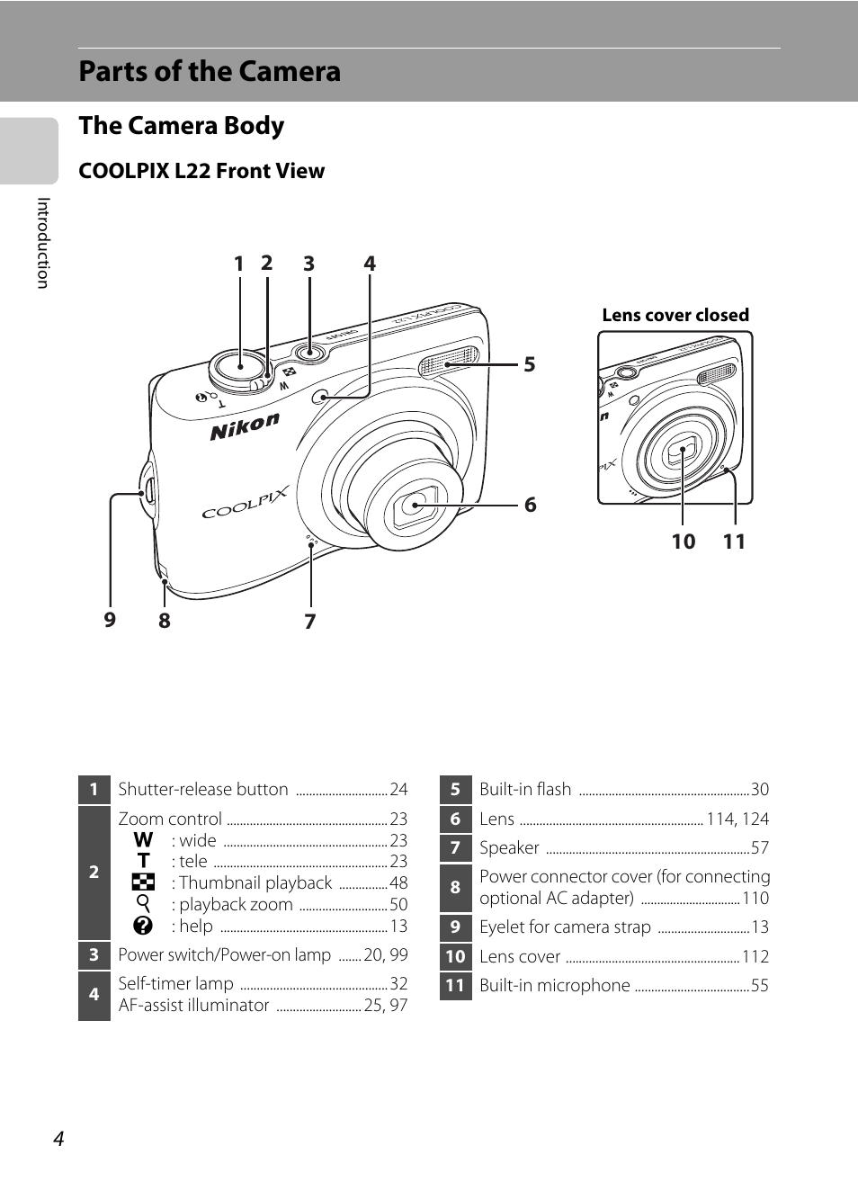 Parts of the camera, The camera body | Nikon COLLPIX L22 User Manual | Page 16 / 148