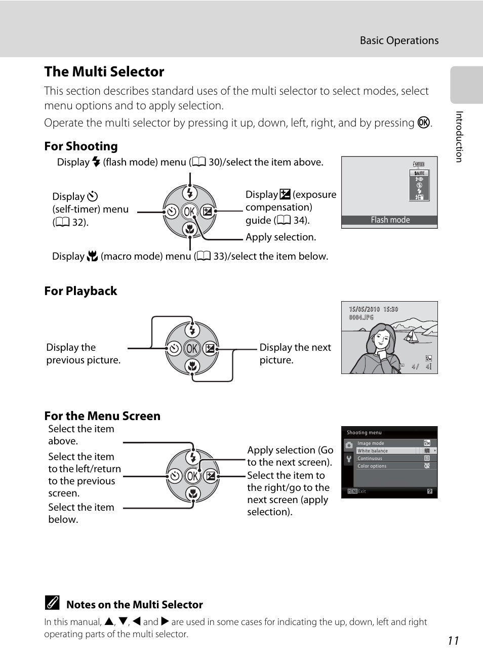 The multi selector, A 11) can b, For shooting for playback for the menu screen | Nikon COLLPIX L22 User Manual | Page 23 / 148