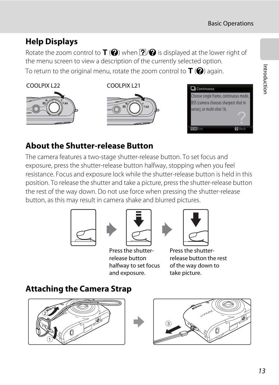 Help displays, About the shutter-release button, Attaching the camera strap | Nikon COLLPIX L22 User Manual | Page 25 / 148