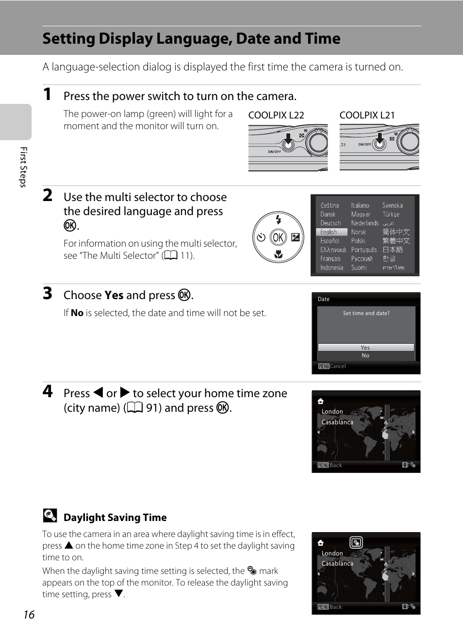 Setting display language, date and time | Nikon COLLPIX L22 User Manual | Page 28 / 148