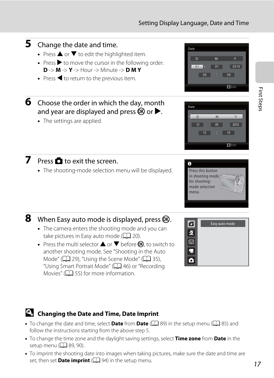 Change the date and time, Press a to exit the screen, When easy auto mode is displayed, press k | Nikon COLLPIX L22 User Manual | Page 29 / 148