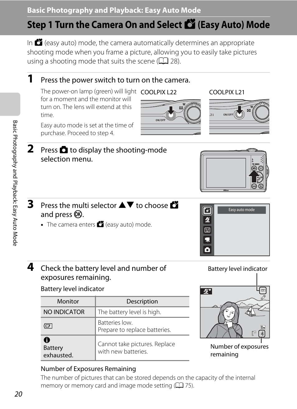 Basic photography and playback: easy auto mode, Basic photography and playback, Easy auto mode | G basic photography and playback: easy auto mode, De (a 20), A 20) | Nikon COLLPIX L22 User Manual | Page 32 / 148