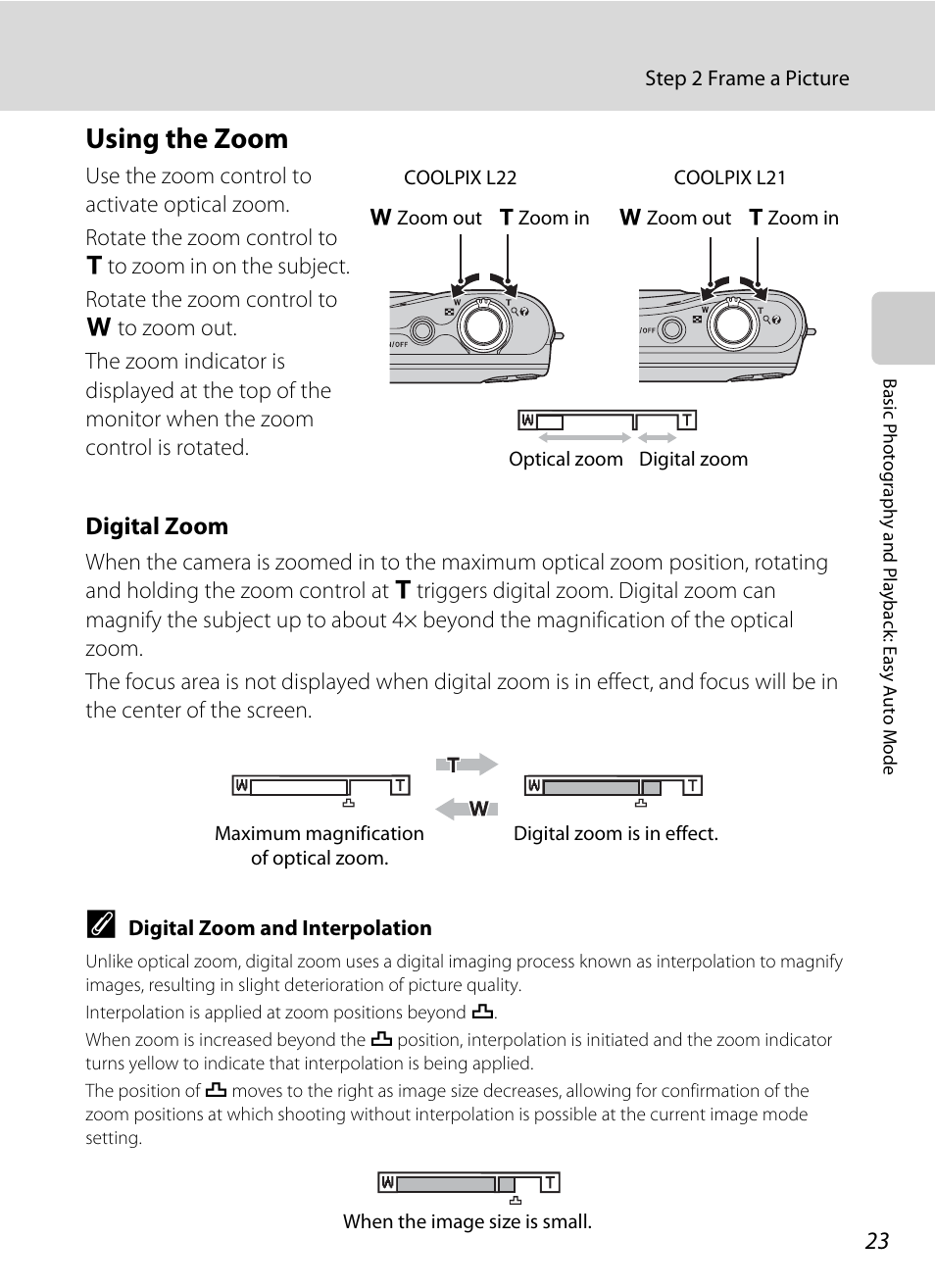 Using the zoom, Digital zoom | Nikon COLLPIX L22 User Manual | Page 35 / 148