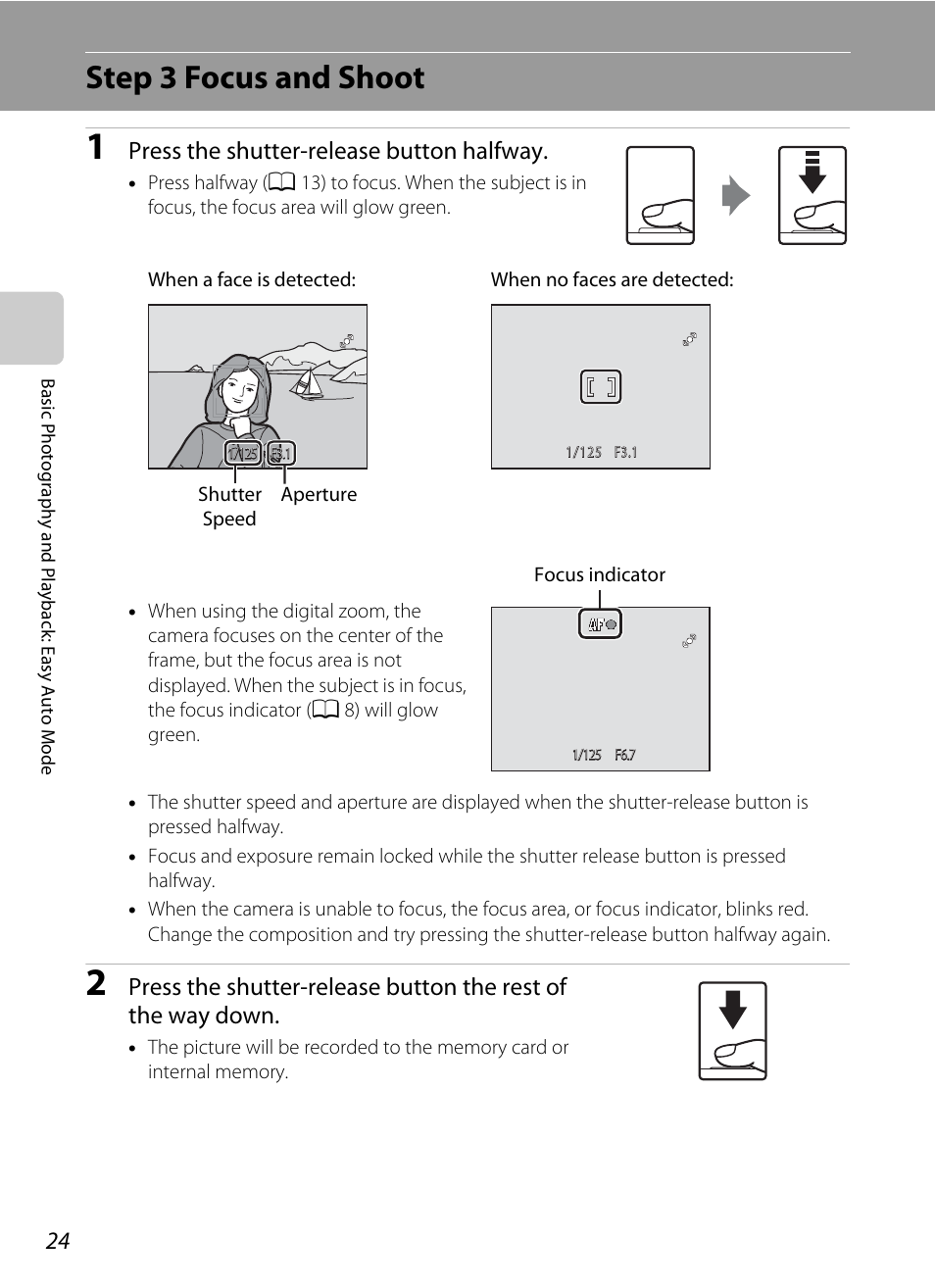 Step 3 focus and shoot, S on it, Press the shutter-release button halfway | Nikon COLLPIX L22 User Manual | Page 36 / 148