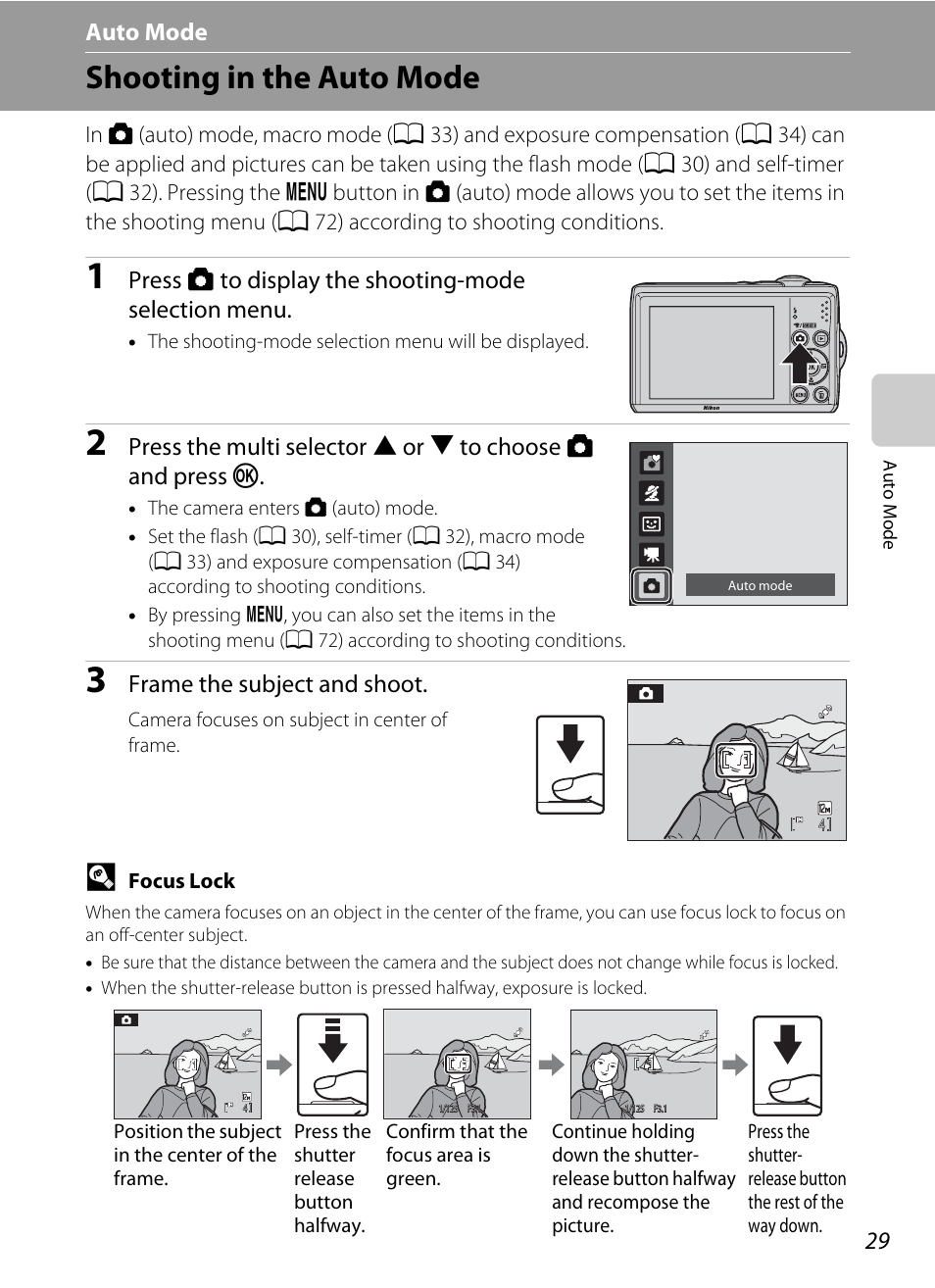 Auto mode, Shooting in the auto mode, A auto mode | A 29), A 29), “us, Frame the subject and shoot | Nikon COLLPIX L22 User Manual | Page 41 / 148