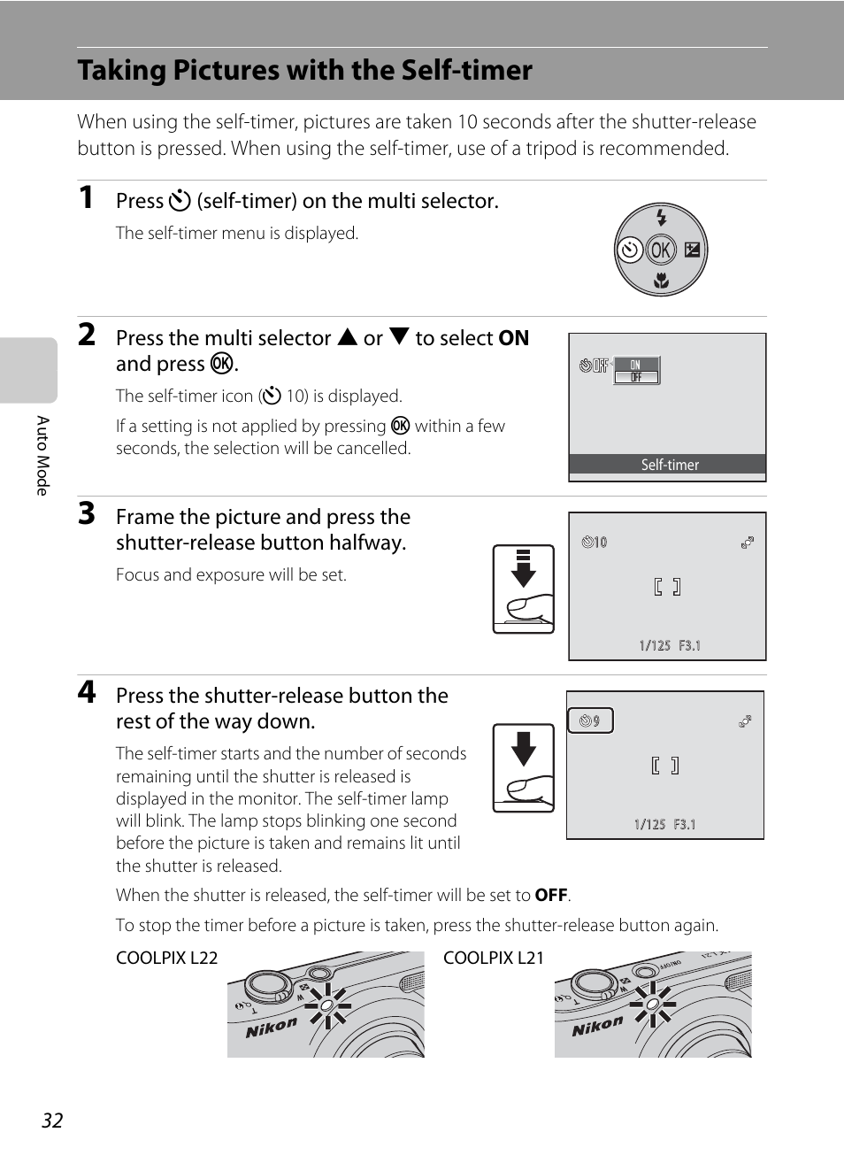 Taking pictures with the self-timer, A 32), A 32 | Nikon COLLPIX L22 User Manual | Page 44 / 148