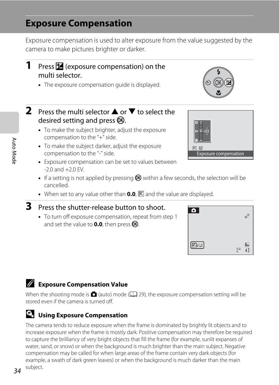 Exposure compensation, Guide (a 34, A 34) are | A 34) can, A 34) | Nikon COLLPIX L22 User Manual | Page 46 / 148