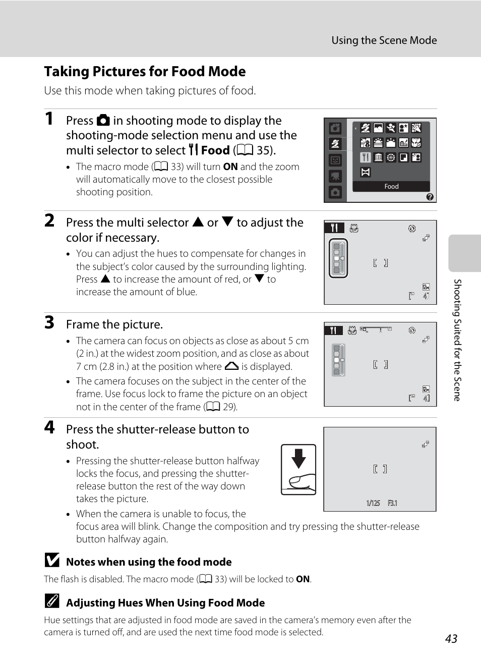 Taking pictures for food mode, E “taking pictures for food mode, A 43) for | Nikon COLLPIX L22 User Manual | Page 55 / 148