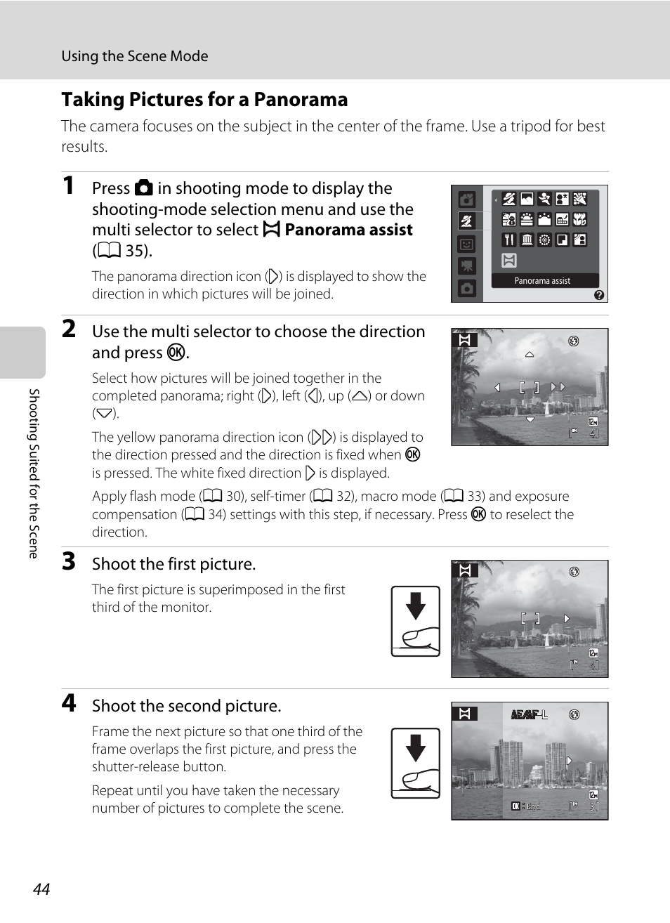 Taking pictures for a panorama | Nikon COLLPIX L22 User Manual | Page 56 / 148