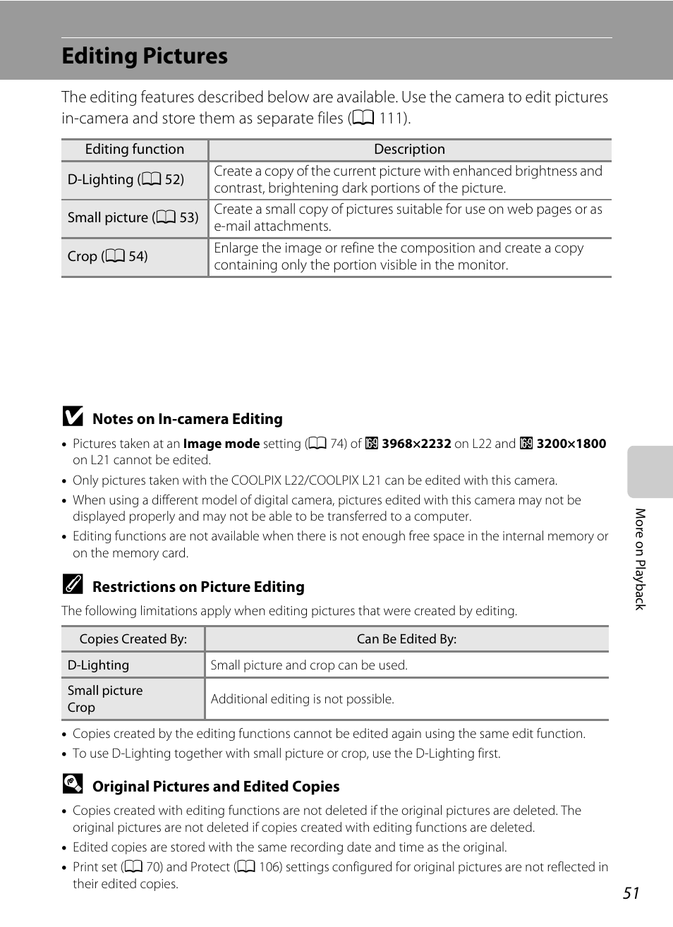 Editing pictures | Nikon COLLPIX L22 User Manual | Page 63 / 148