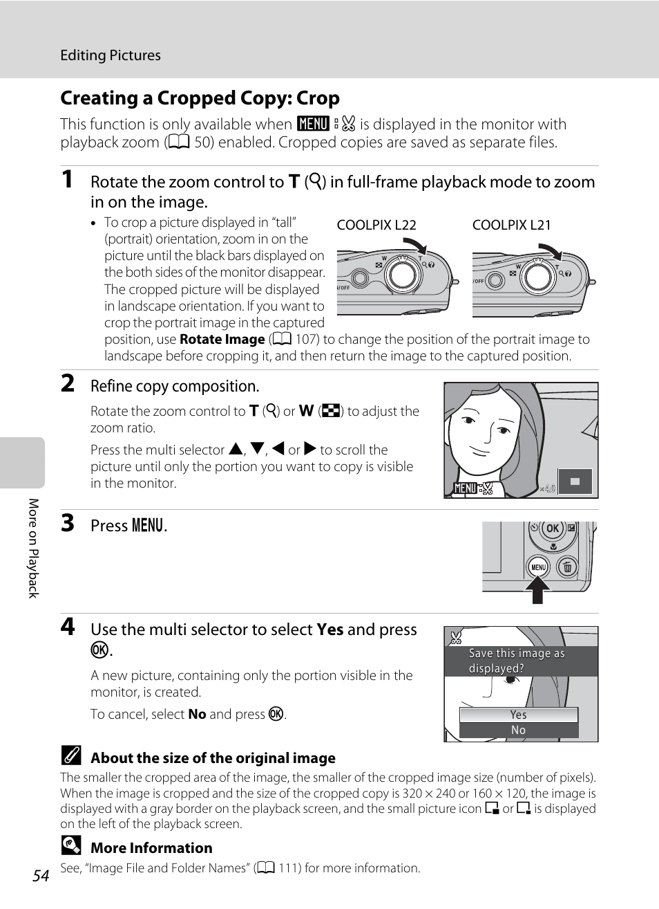 Creating a cropped copy: crop, A 54) | Nikon COLLPIX L22 User Manual | Page 66 / 148