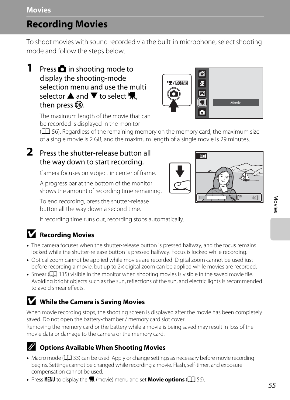 Movies, Recording movies, D movies | A 55), Recording | Nikon COLLPIX L22 User Manual | Page 67 / 148