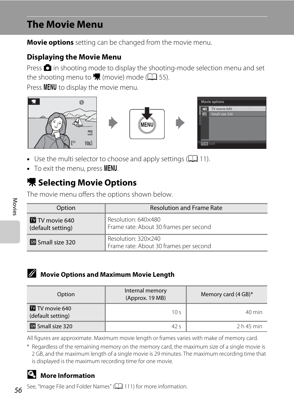 The movie menu, Selecting movie options, D selecting movie options | A 56). rega, A 56), Dselecting movie options, Displaying the movie menu | Nikon COLLPIX L22 User Manual | Page 68 / 148