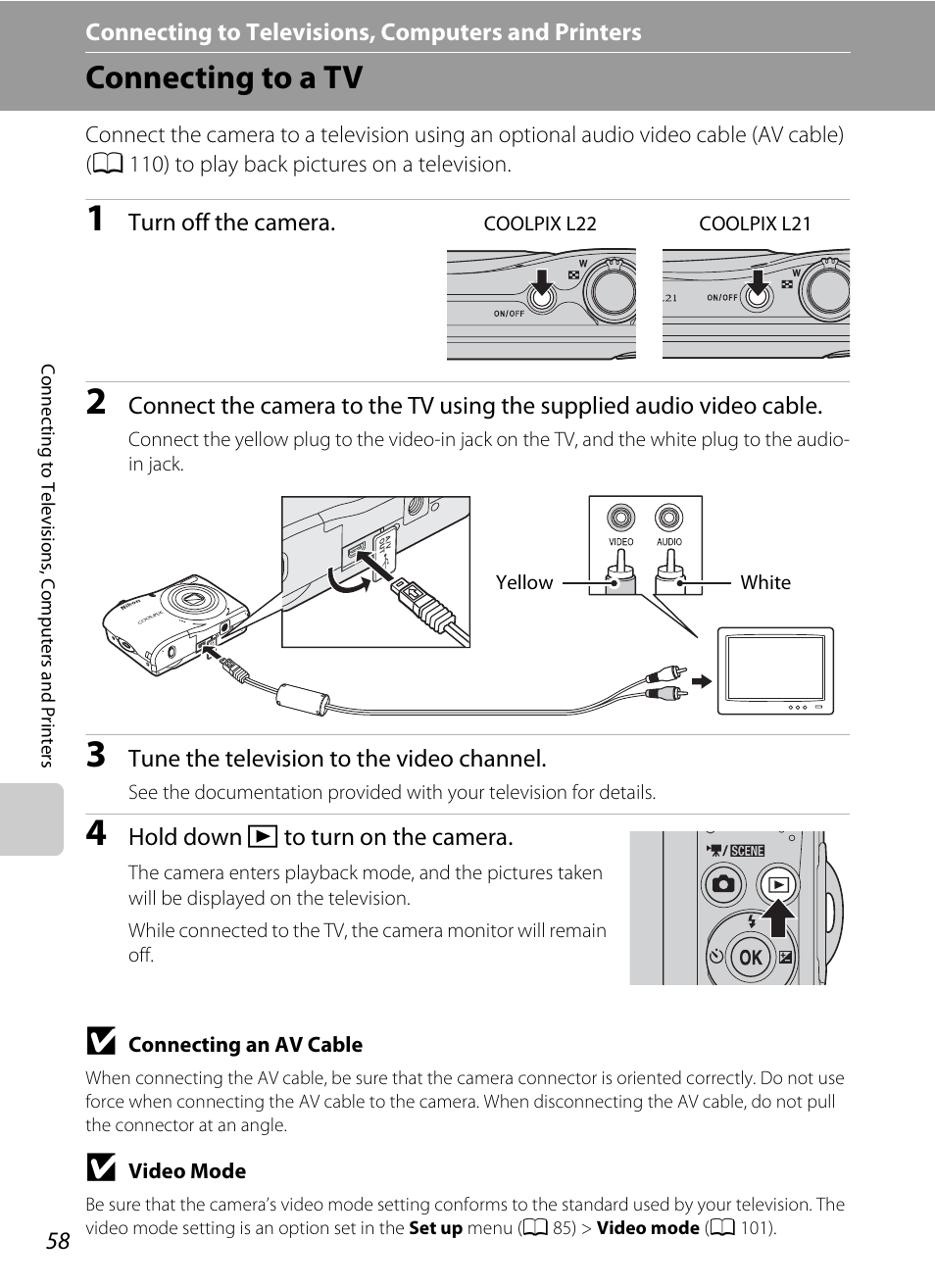 Connecting to televisions, computers and printers, Connecting to a tv | Nikon COLLPIX L22 User Manual | Page 70 / 148