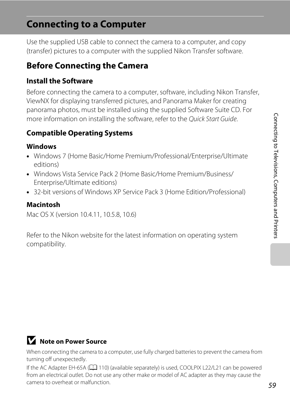 Connecting to a computer, Before connecting the camera, A 59) | Nikon COLLPIX L22 User Manual | Page 71 / 148