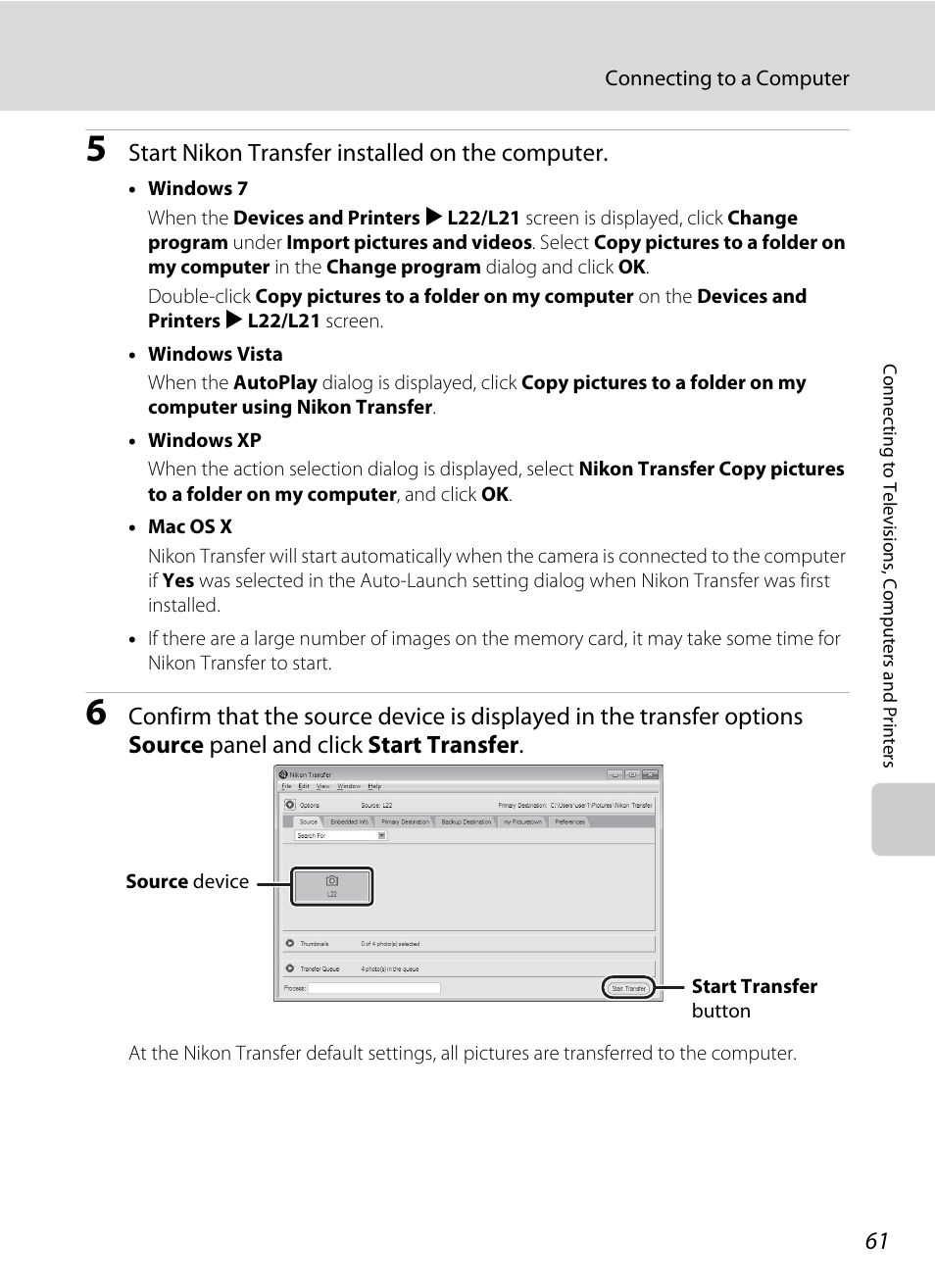 Start nikon transfer installed on the computer | Nikon COLLPIX L22 User Manual | Page 73 / 148
