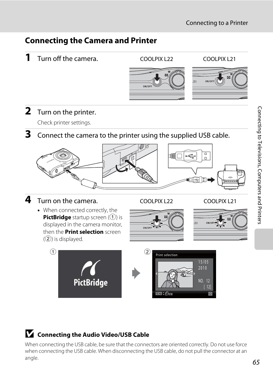 Connecting the camera and printer, A 65) | Nikon COLLPIX L22 User Manual | Page 77 / 148