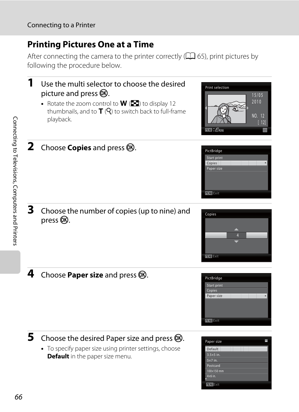 Printing pictures one at a time, Ime(a 66), Choose copies and press k | Choose paper size and press k, Choose the desired paper size and press k | Nikon COLLPIX L22 User Manual | Page 78 / 148