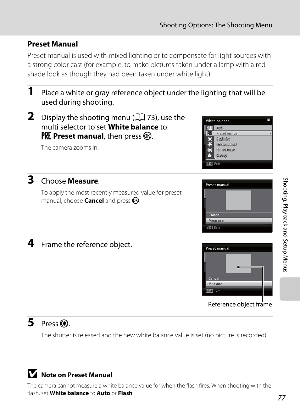 A 77), Preset manual, Choose measure | Frame the reference object, Press k | Nikon COLLPIX L22 User Manual | Page 89 / 148