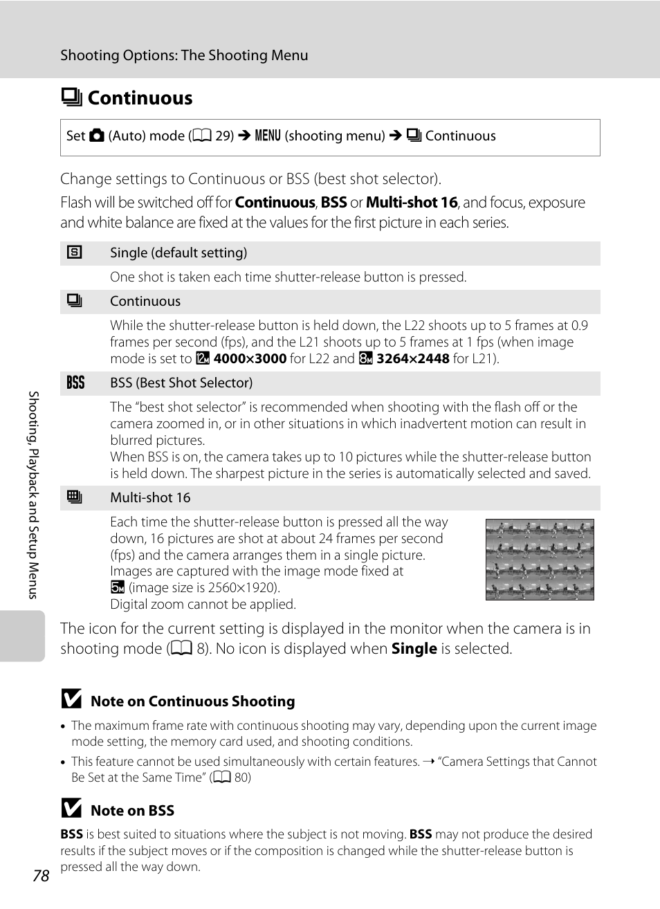 Continuous, C continuous, T (a 78 | A 78, Ccontinuous | Nikon COLLPIX L22 User Manual | Page 90 / 148