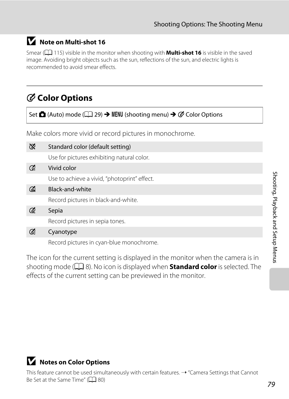 Color options, F color options, A 79 | Fcolor options | Nikon COLLPIX L22 User Manual | Page 91 / 148