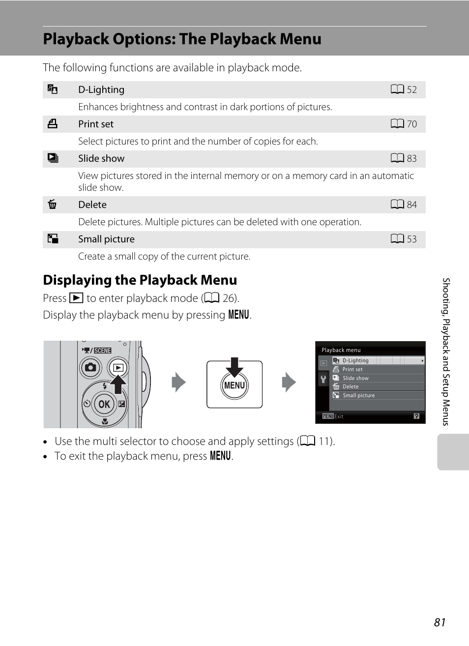 Playback options: the playback menu, Displaying the playback menu, A 81) | Nikon COLLPIX L22 User Manual | Page 93 / 148
