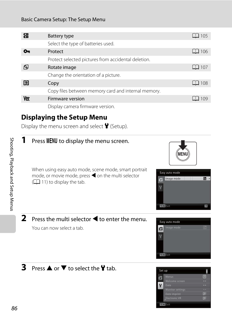 Displaying the setup menu, Press d to display the menu screen, Press the multi selector j to enter the menu | Press h or i to select the z tab | Nikon COLLPIX L22 User Manual | Page 98 / 148