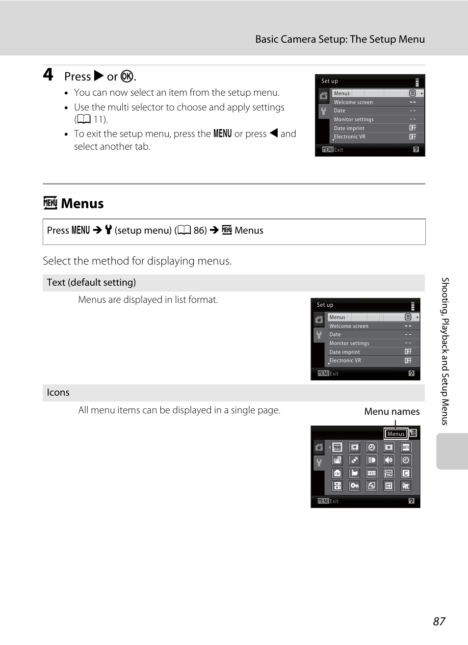 Menus, A menus, A 87 | Amenus, Press k or k, Select the method for displaying menus, Basic camera setup: the setup menu | Nikon COLLPIX L22 User Manual | Page 99 / 148