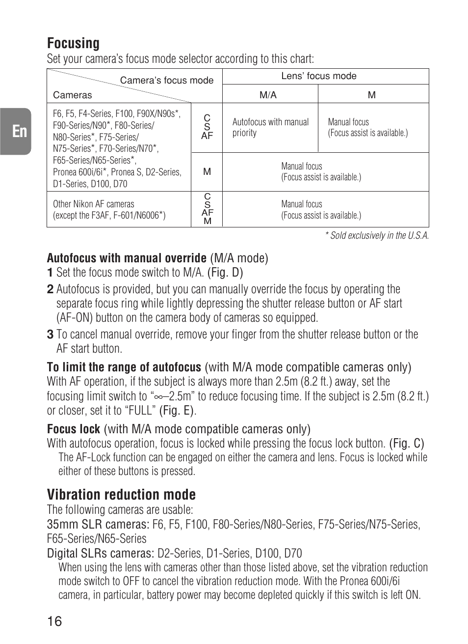 Focusing, Vibration reduction mode | Nikon AF-S VR User Manual | Page 16 / 71