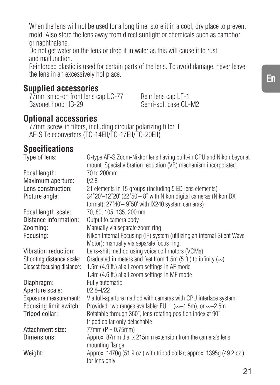 Supplied accessories, Optional accessories, Specifications | Nikon AF-S VR User Manual | Page 21 / 71