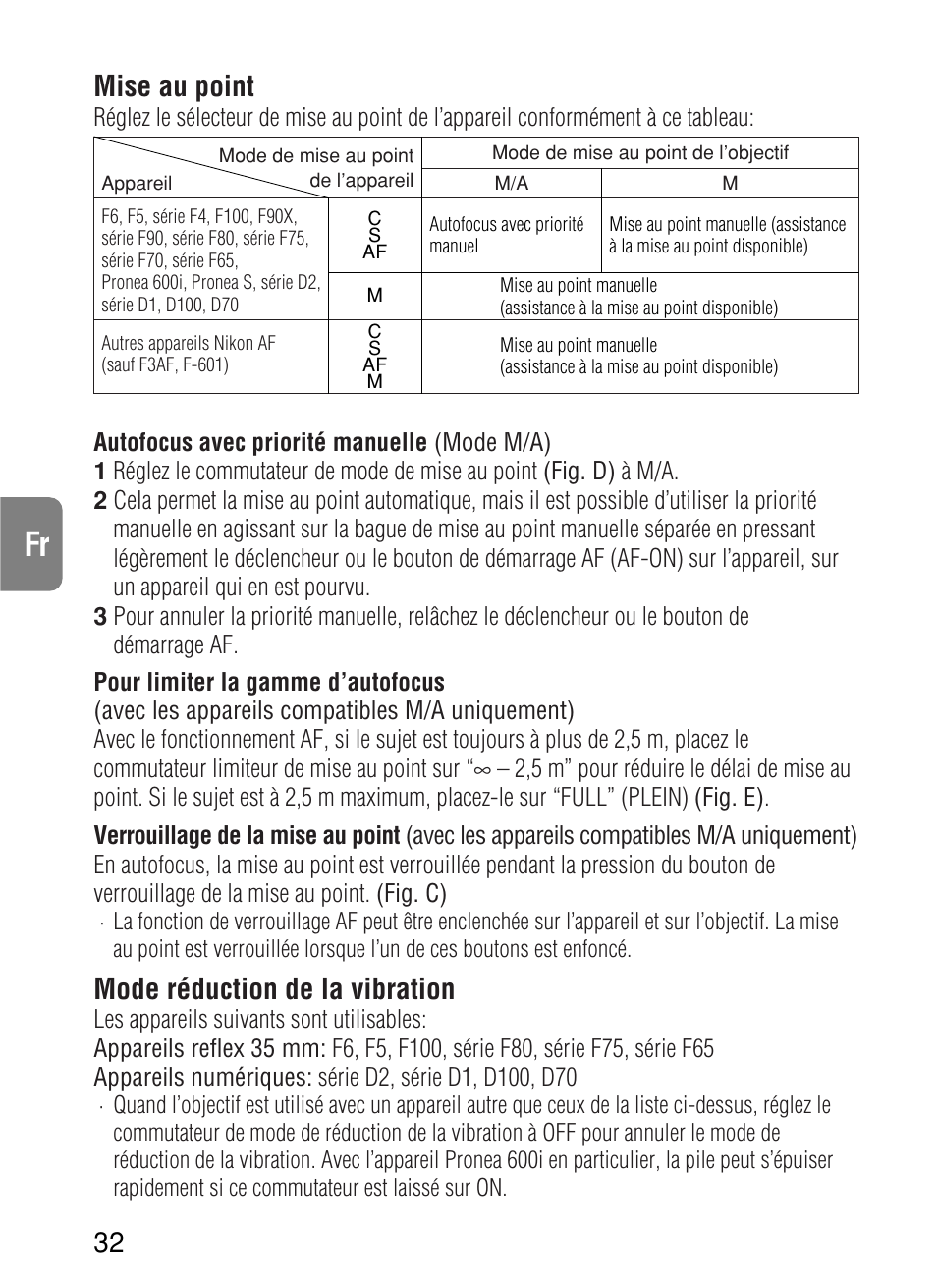 Mise au point, Mode réduction de la vibration | Nikon AF-S VR User Manual | Page 32 / 71