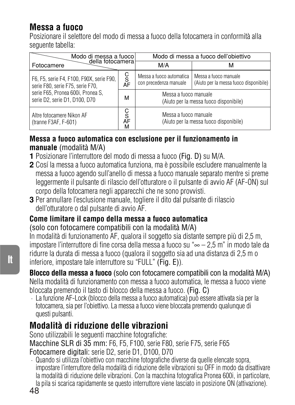 Messa a fuoco, Modalità di riduzione delle vibrazioni | Nikon AF-S VR User Manual | Page 48 / 71