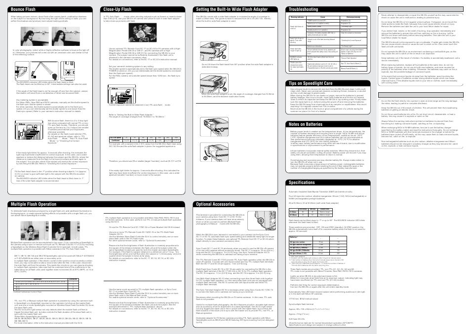 6 1 2 3 lo ck, Tips on speedlight care, Troubleshooting | Optional accessories, Specifications | Nikon SB 22 User Manual | Page 2 / 2