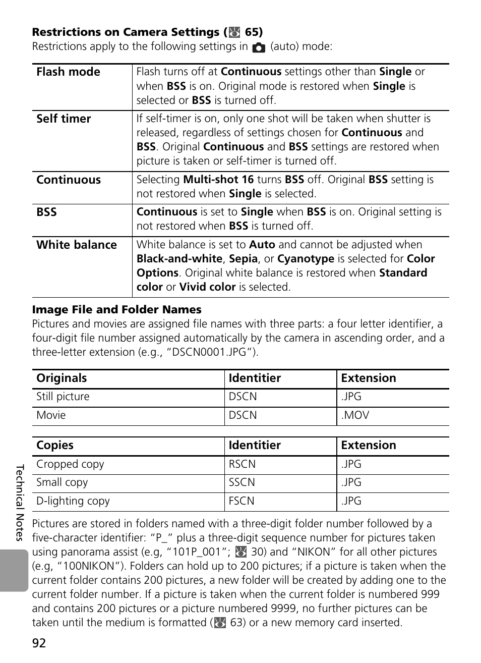 Restrictions on camera settings ( 65), Image file and folder names, 92) fr | Nikon Coolpix L4 User Manual | Page 104 / 112
